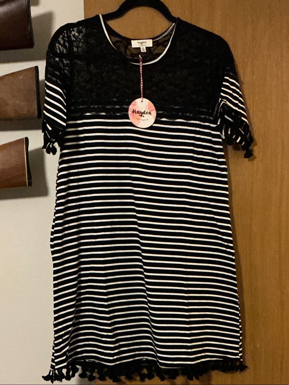Hayden Black & White Striped Lace Yoke Tunic with Tassels